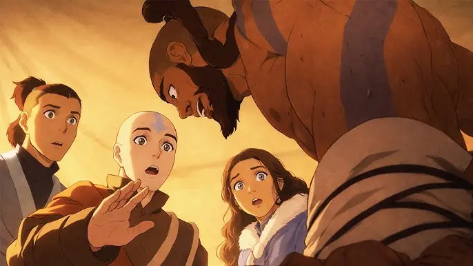 Aang, Sokka e Katara com expressão de choque em cena do filme Avatar: Aang, The Last Airbender