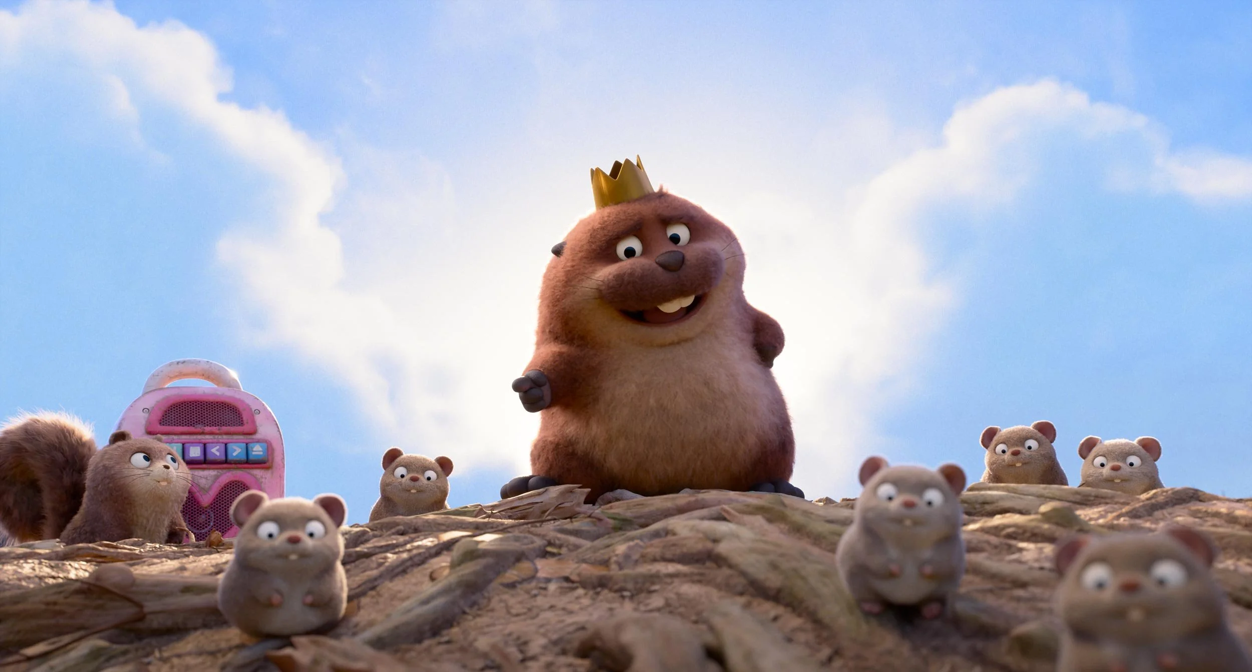 Cena do filme Cara de Um, Focinho de Outro da Pixar com Mabel e os castores na floresta