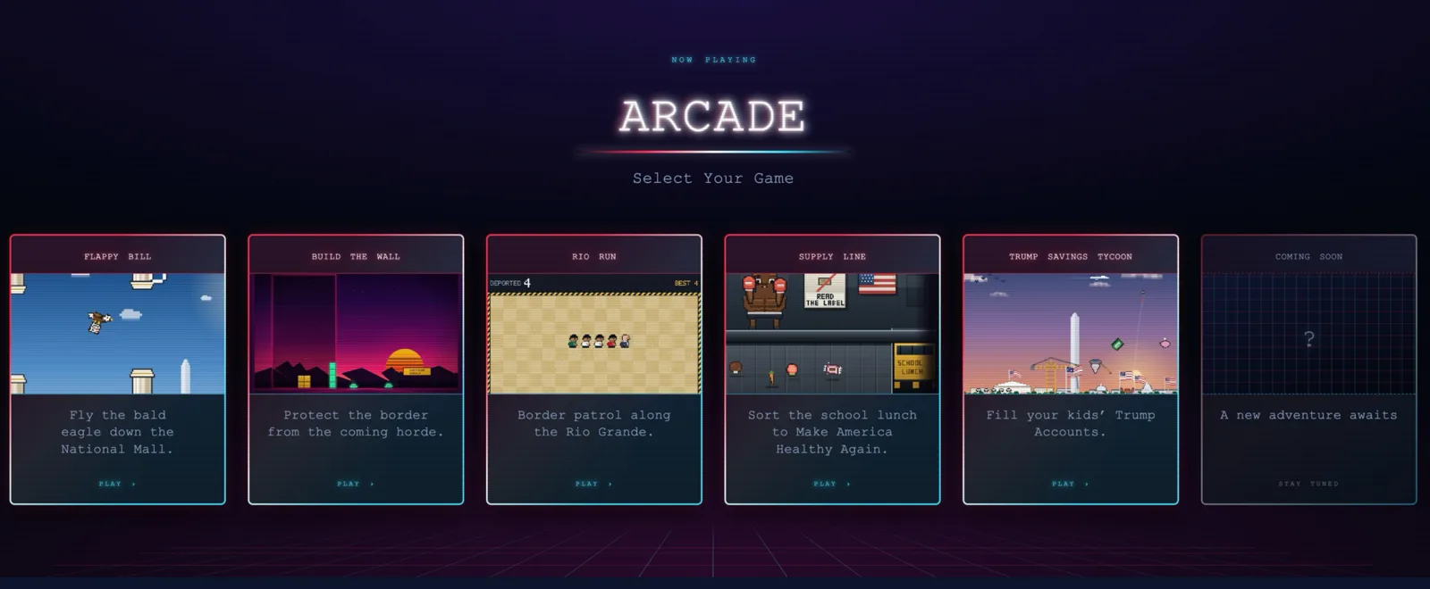 Tela de seleção do arcade no site da Casa Branca, com os cards de Flappy Bill, Build the Wall, Rio Run, Supply Line, Trump Savings Tycoon e um sexto slot marcado como Coming Soon