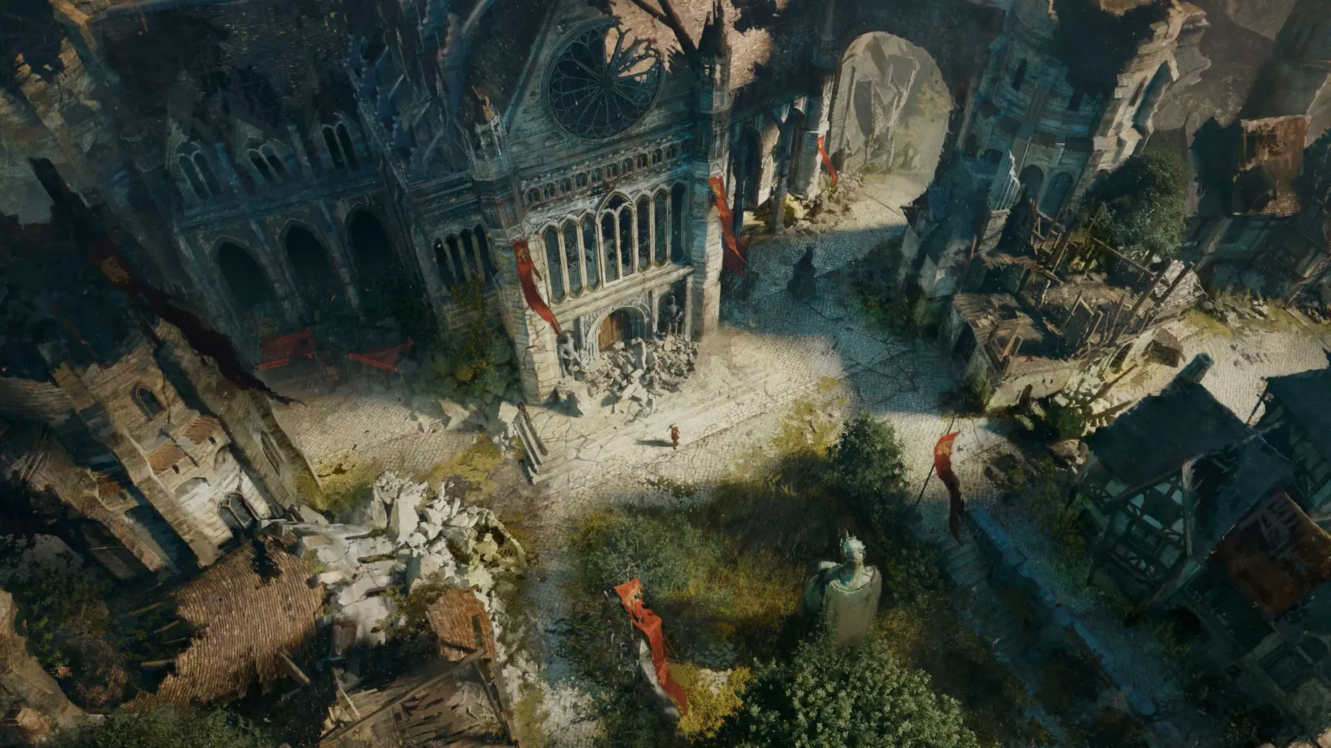Arte de Diablo 5 vista de cima: praça de cidade gótica em ruínas, catedral destruída, estandartes vermelhos rasgados, entulho e mato tomando as pedras, e uma figura solitária atravessando o pátio
