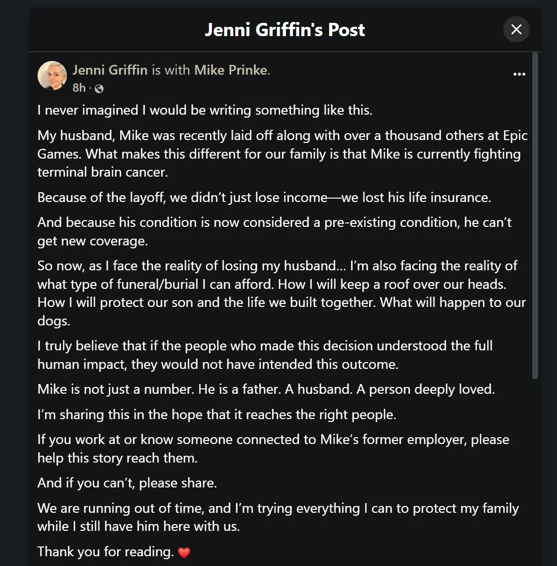 Post de Jenni Griffin no Facebook sobre a demissão do marido Mike Prinke da Epic Games
