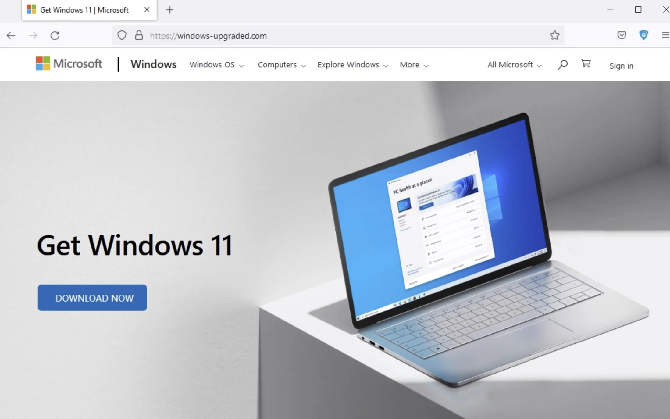 Captura de tela do site falso windows-upgraded.com imitando página oficial da Microsoft com botão Download Now