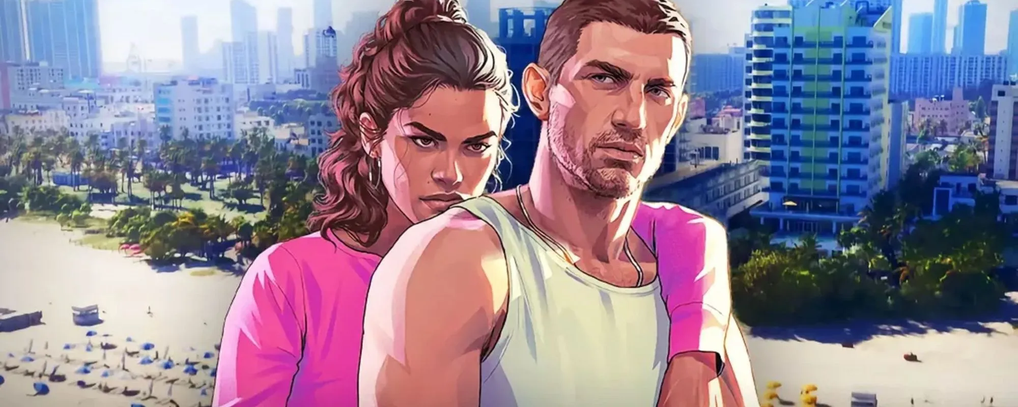 Arte promocional de GTA 6 com Lucia e Jason em Vice City