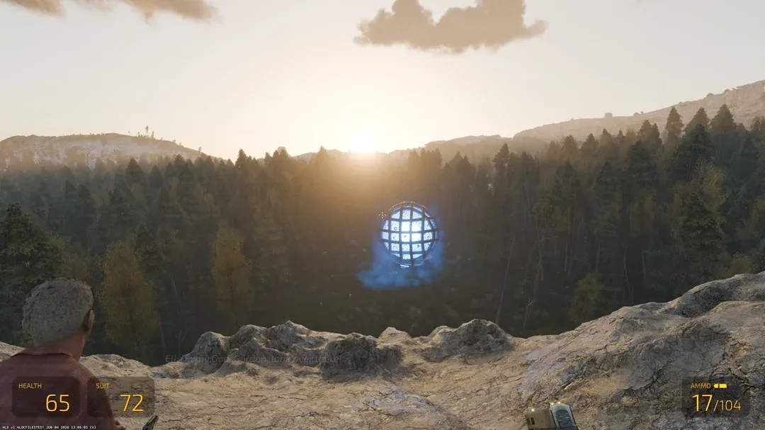 Suposta captura vazada de Half-Life 3: floresta ao pôr do sol, uma esfera azul em grade flutuando no céu, uma figura no canto inferior e o HUD clássico de vida, colete e munição