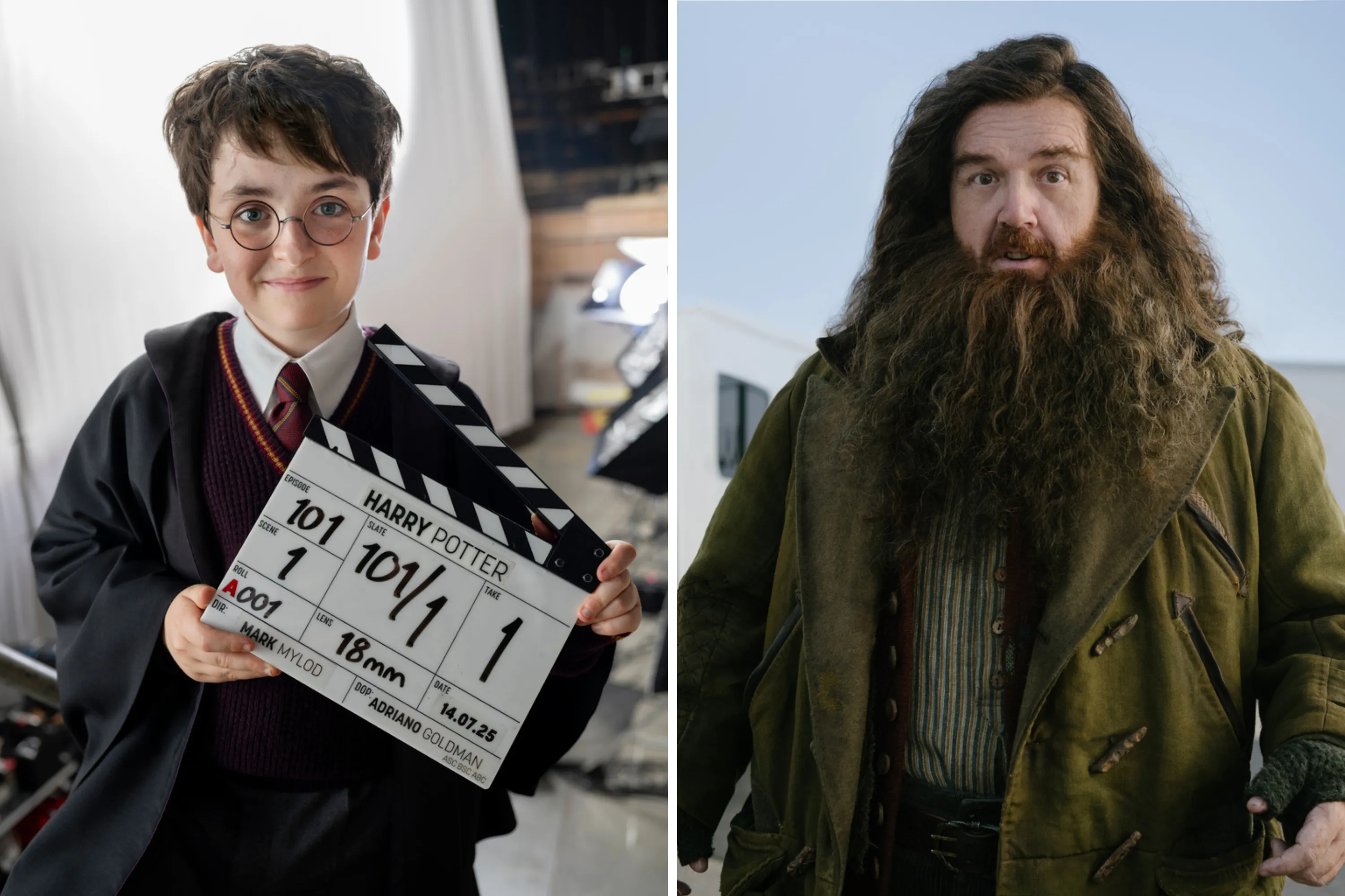 Dominic McLaughlin no set da série Harry Potter da HBO ao lado de Nick Frost como Hagrid