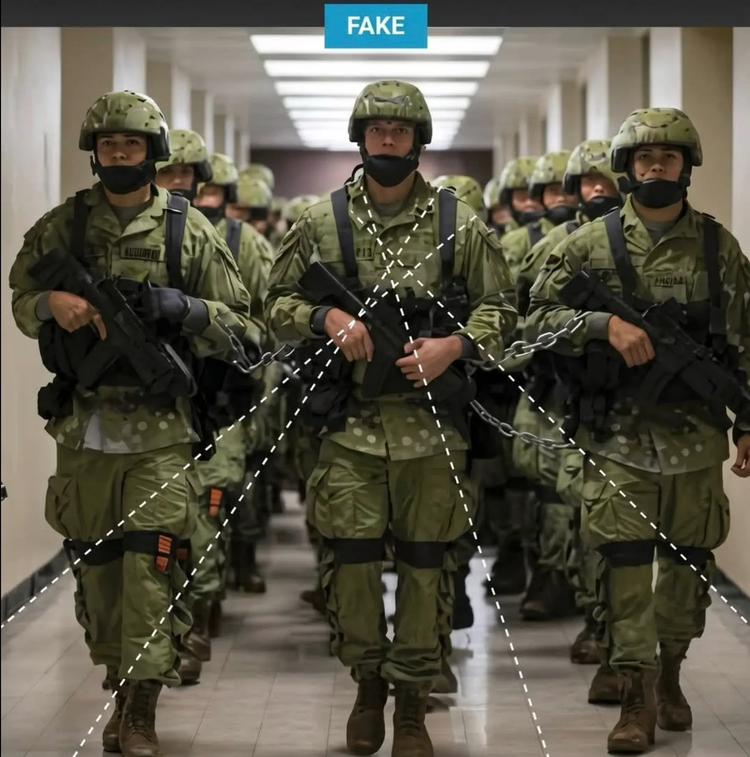 Imagem de soldados marcada como FAKE, com linhas tracejadas que deveriam convergir num único ponto de fuga mas se cruzam desalinhadas, denunciando geração por IA