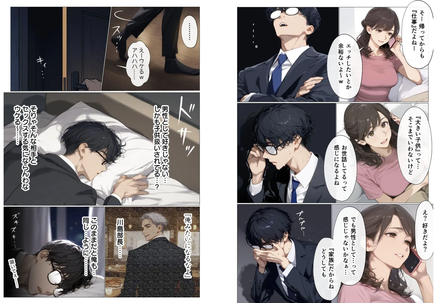 Painéis do mangá My Dear Wife mostrando a arte gerada por IA - diálogos longos e fundos genéricos são as principais críticas