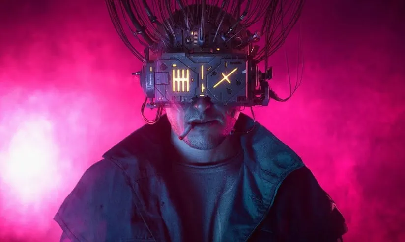 Teaser de Neuromancer na Apple TV com texto em tela de televisão vintage e estética cyberpunk