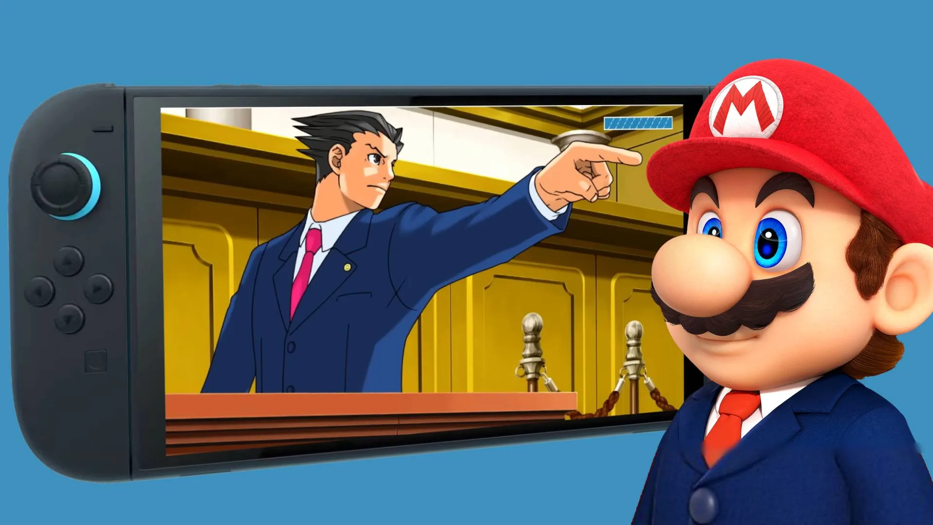 Montagem com Phoenix Wright dando OBJECTION na tela de um Nintendo Switch enquanto o Mario aparece de terno e gravata, como um advogado