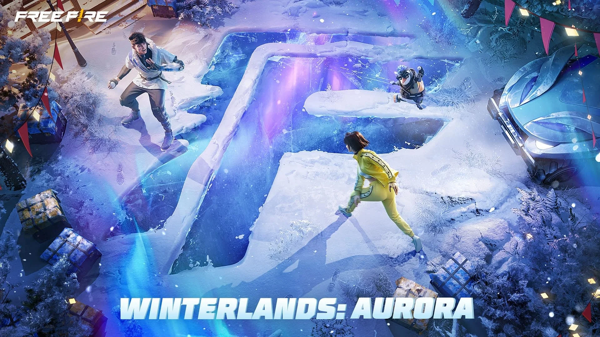 Free Fire Winterlands event artwork with characters in snow gear