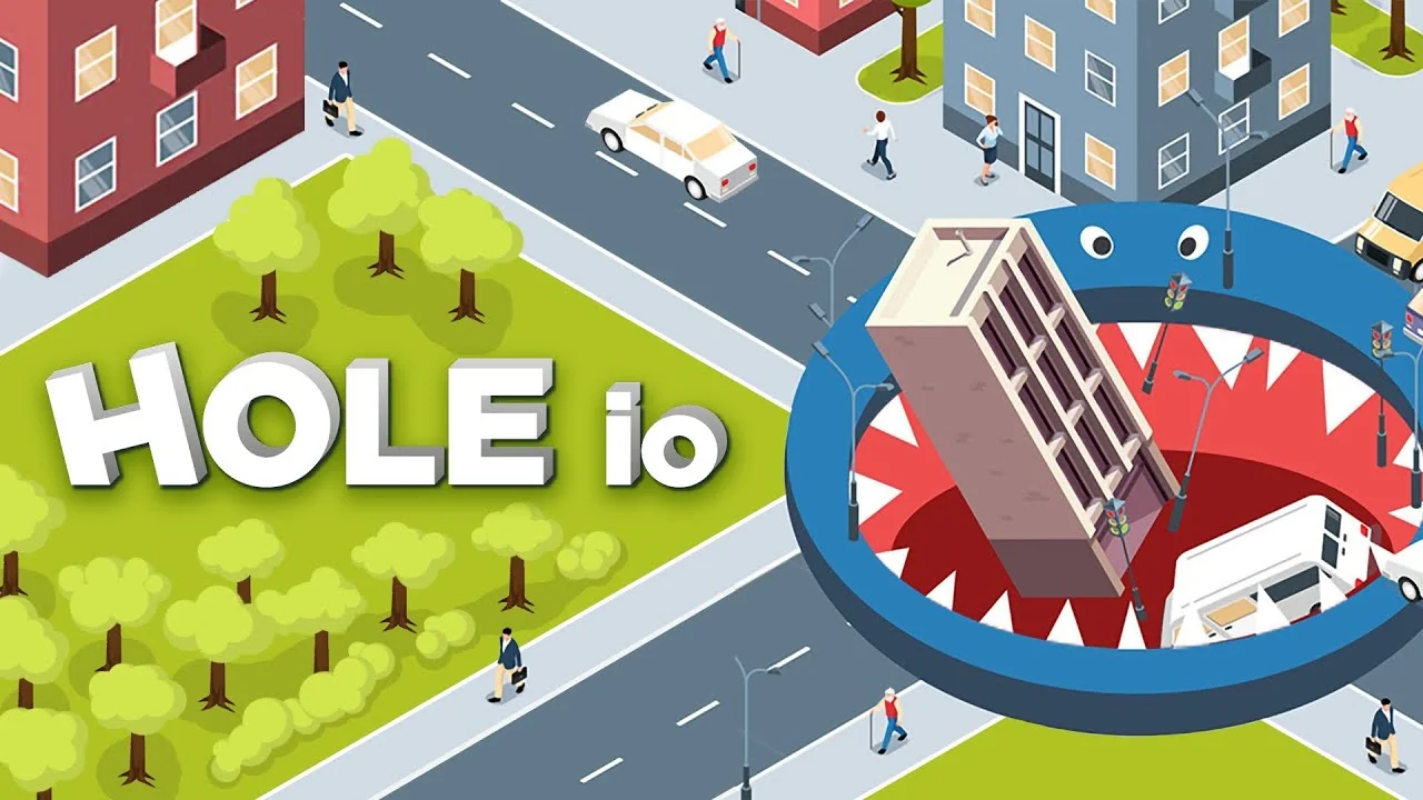 Hole.io gameplay showing a black hole swallowing cars and buildings