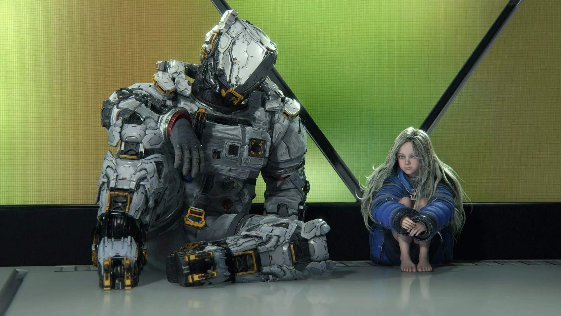 Hugh e Diana sentados lado a lado em Pragmata, o astronauta de armadura pesada e a menina androide encolhida ao lado dele
