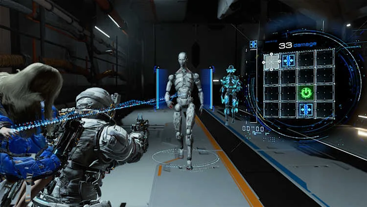 Combate em Pragmata: Hugh mirando num inimigo robótico enquanto Diana hackeia o escudo dele com o puzzle de decriptação visível na tela