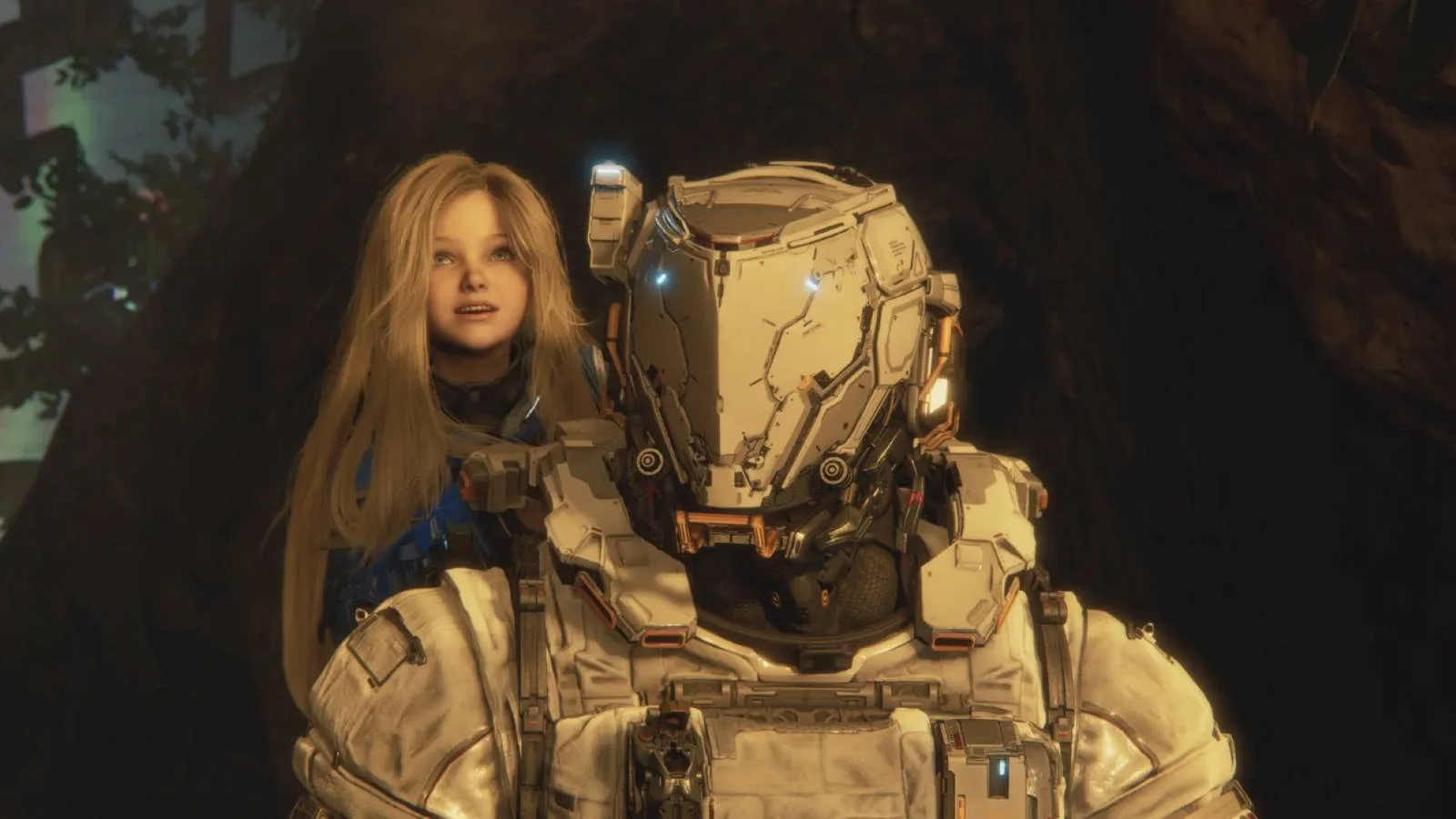 Hugh Williams e Diana na estação lunar The Cradle em cena de Pragmata