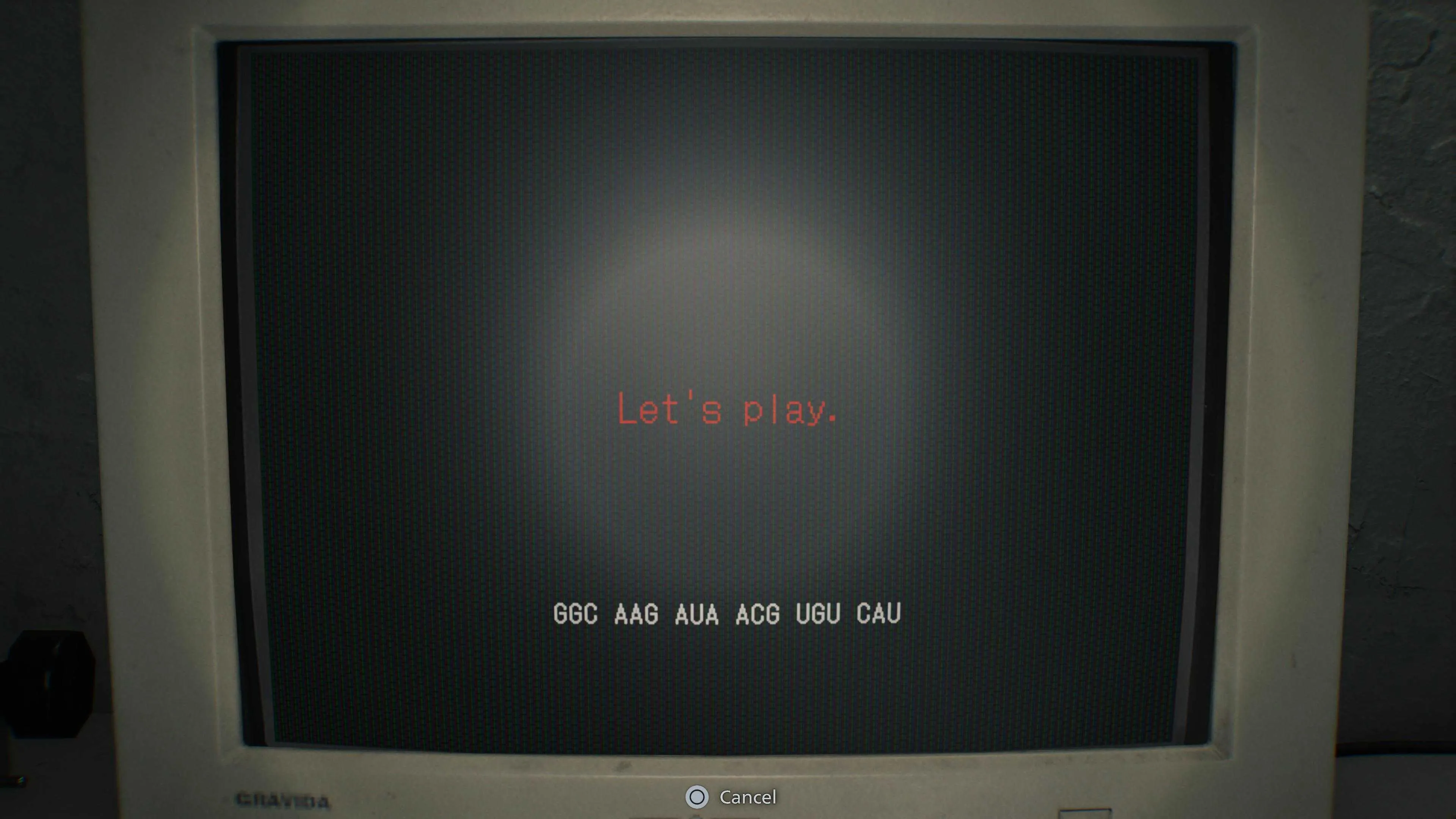 Tela do microscópio mostrando a mensagem "Let's play" e a sequência de RNA em Resident Evil Requiem