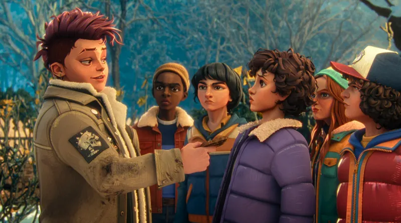 Personagens animados de Stranger Things Tales from 85 em Hawkins coberta de neve