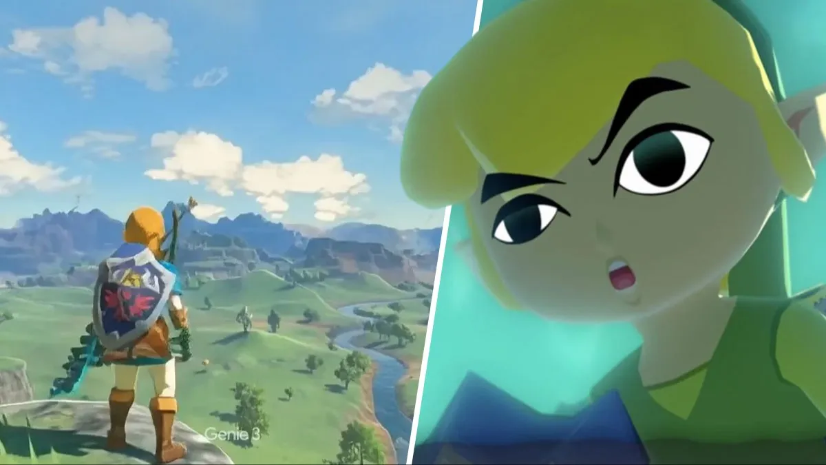 Zelda recriado pelo Google Genie 3: à esquerda, a Hyrule gerada por IA com a marca d'água do Genie; à direita, a reação dos fãs resumida em um Toon Link furioso