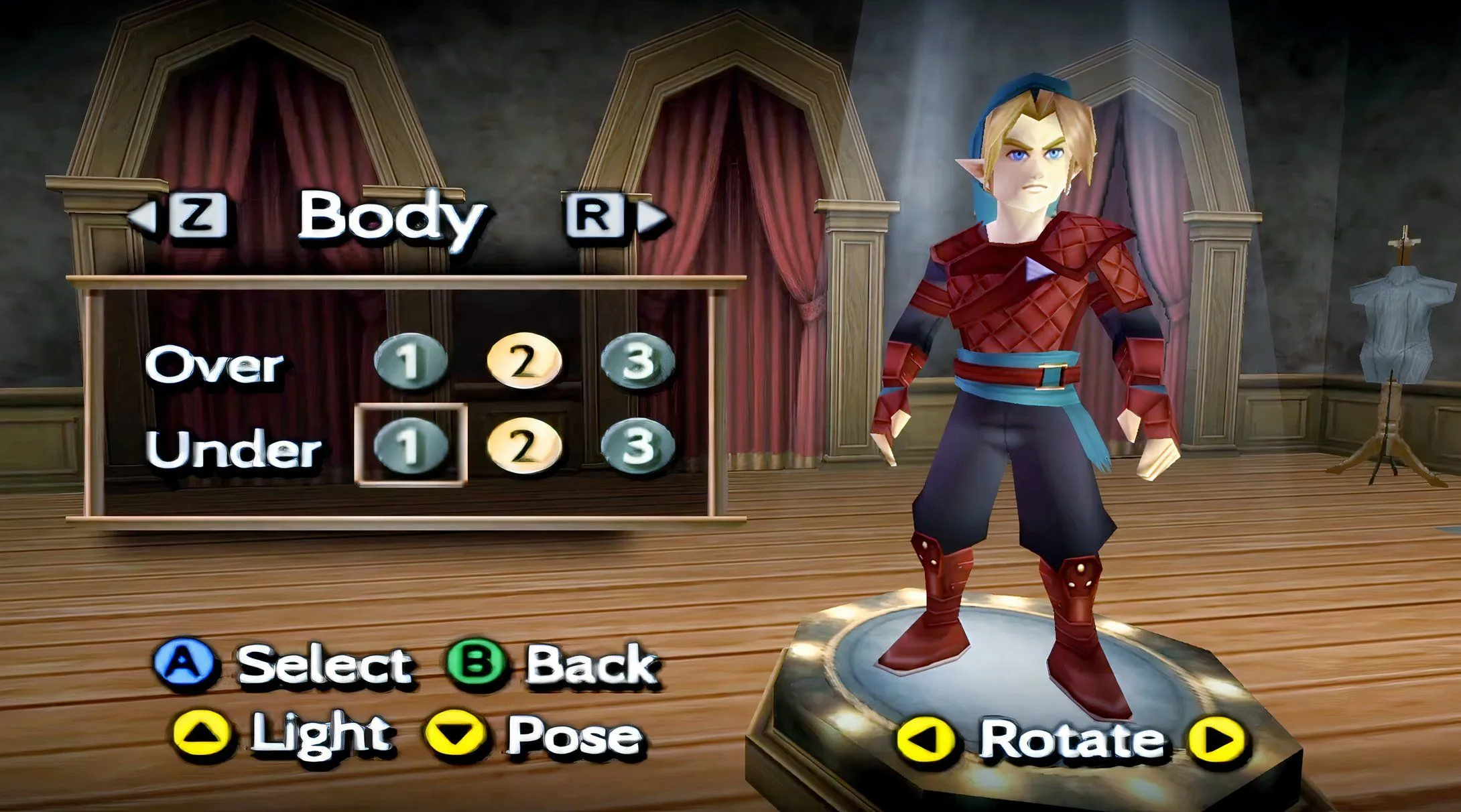 Tela de personalização do Link em Zelda: Indigo, o romhack de Kenton M com sistema de customização que o original não tinha