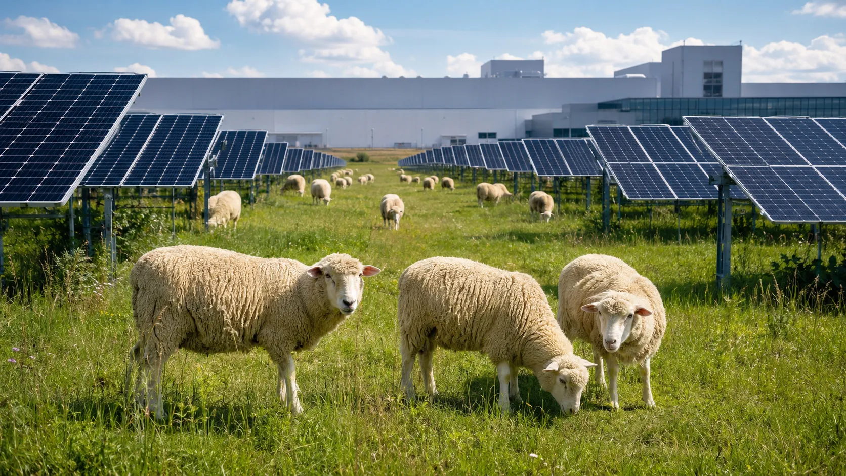 Rebanho de ovelhas pastando embaixo de fileiras de painéis solares na fábrica da Volkswagen em Poznán, na Polônia